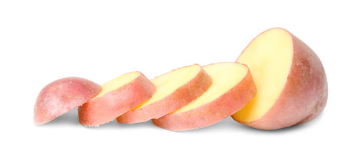 Raw fresh sliced potato on white background