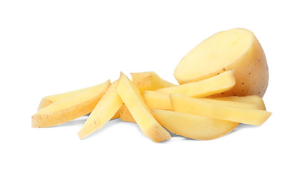 Raw fresh sliced potato on white background