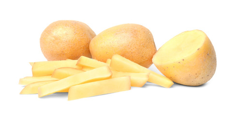 Raw fresh sliced potato on white background