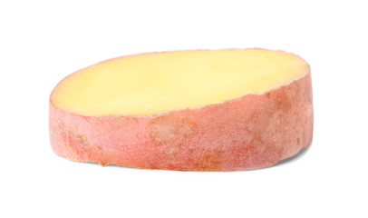 Slice of fresh raw potato on white background