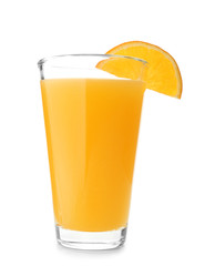 Glass of fresh orange juice with slice on white background