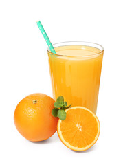 Glass of fresh orange juice with fruit on white background