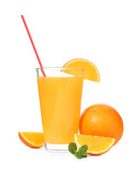 Glass of fresh orange juice with fruit on white background