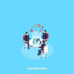 men in business suits are sitting at a round table with a globe in the center, an isometric image