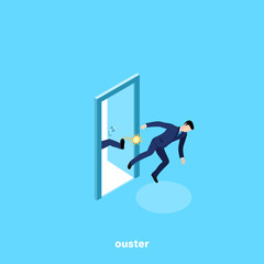 a man in a business suit is kicked out of work, kicked in the ass, an isometric image