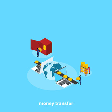 transfer of money from one place of the globe to another, laptops and coins, isometric image