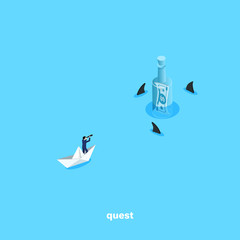 a man in a business suit sails on a paper boat to a bottle with a bill, an isometric image
