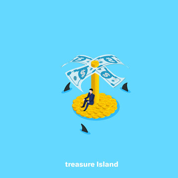 a man in a business suit sits on an island of coins and around swim sharks, an isometric image