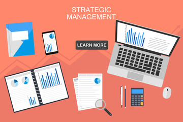 Data analysis concept. Financial Audit, SEO analytics, statistics, strategic, report, management. graphic on a screen and documents, notebook, mobile, calculator. Vector top view
