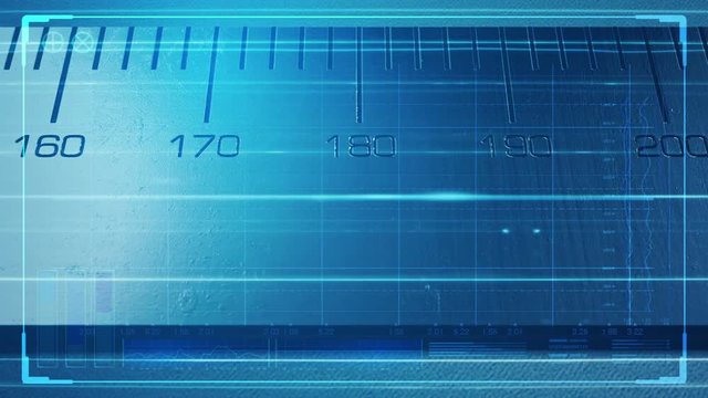A close up pan along a section of a steel ruler with indented measurements overlaid with a technical data analysis interface