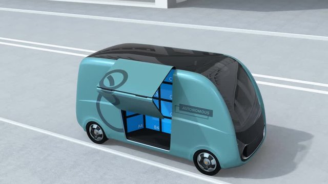 Self-driving delivery van opened side door. User can pick up their parcel from locker.  Last one mile concept. 3D rendering animation.