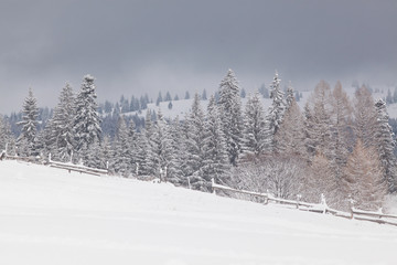 winter in the mountains - small Romanian village in the Carpathians covered with snow