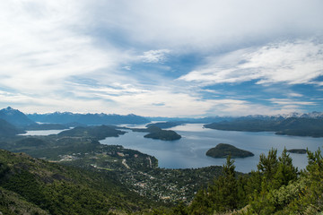 Landscape from the mountains with blue lake and snowy mountains