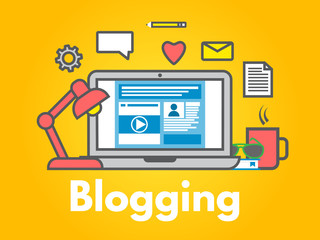 Blogging concept on yellow background. Laptop with icons. Social media sharing. Blog post flat line style. Business design. Trendy vector illustration