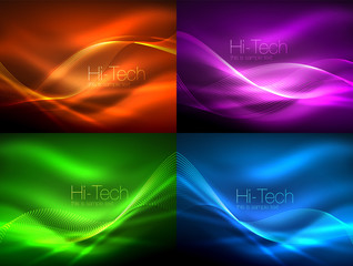 Set of neon flowing waves