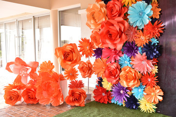 Colorful artificial Flower Background : Beautiful Colorful handmade of paper flower design for backdrop, decorate wallpaper in the wedding or valentine event party.