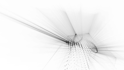 Abstract white and black background. Fractal graphics series. Dynamic composition of dots, traces and beams.