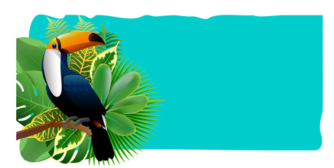 Exotic Toucan Bird, Colorful Hibiscus Flowers Blossom and Tropical Leaves © Pongsapol