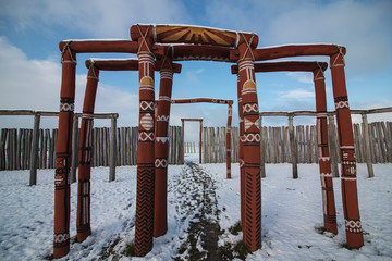 Piles with the sun in the Ring Shrine of Pömmelte, also called the German Stonehenge. 