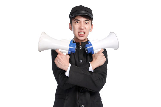 Restore ancient ways young man USES a bullhorn