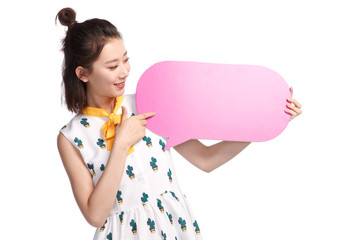 The fashionable young woman holding a dialog box