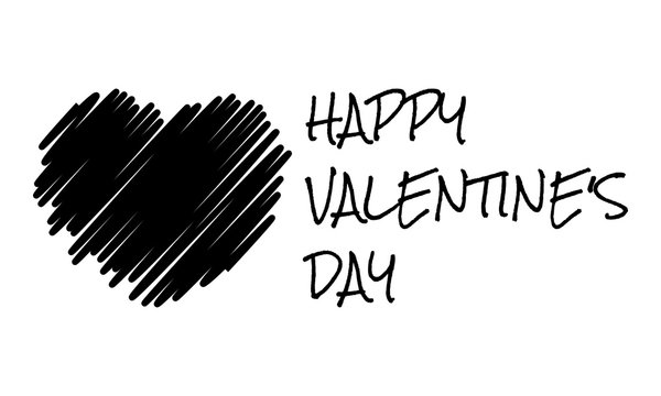 happy valentine's day, hand drawn greetings card with black heart