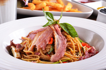 Close up of duck breast pasta