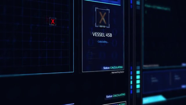 Camera panning up the side of futuristic digital Flight Recorder data for lost aircraft