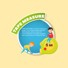 Tape measure tool description, little boys using giant measuring tape, creative poster with text vector illustration