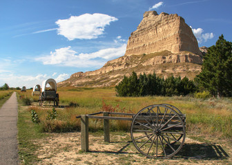 Path trail by Mitchell Pass with covered wagons at Scotts Bluff National Monument in Nebraska; part...