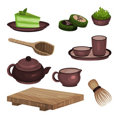 Tea ceremony equipment set, tea time symbols and accessories cartoon vector Illustrations