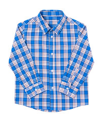 Blue tartan shirt folded on white background.