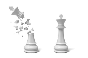 3d rendering of two isolated white chess kings stand near each other with one of them cracked and broken.