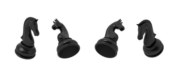 3d rendering of a black chess knight piece in four different angled views on a white background. © gearstd