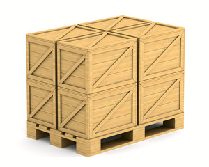 wooden pallet with cargo box on white background. Isolated 3D illustration