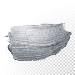 Silver paint brush stroke or abstract dab smear with silver glitter smudge texture on transparent background. Vector isolated glittering and sparkling silver paint or ink paintbrush splash stain