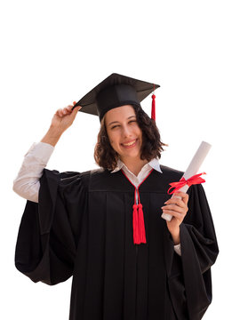 Portrait of Young woman with graduation cap and gown holding diploma isolated on white background, Successful concept