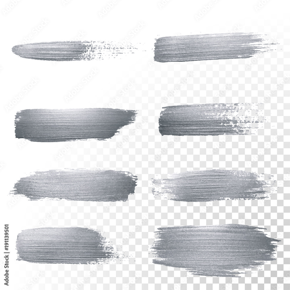 Poster silver glitter paint brush strokes set or abstract dab smear with smudge texture on transparent back