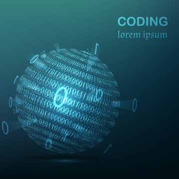 Glowing blue ball with binary . Vector