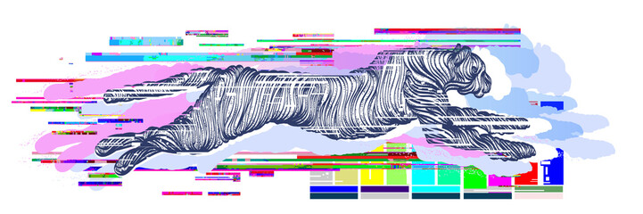 Glitch tattoo. Running cheetah, line art. Jumping panther, mystical tattoo, sacred geometry. Sign hunting, travel, tourism. Glitch tattoo art © intueri