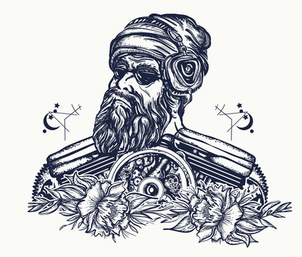 Biker tattoo. Bearded hipster in earphone listens to music. Symbol of pop music, hard rock, heavy metal, biker t-shirt design