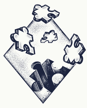 Missing jigsaw puzzle tattoo and t-shirt design.  Symbol of education, business, solution of tasks, communications, psychology. Puzzle tattoo art