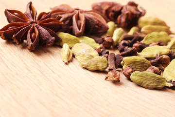 Spices cardamom anise stars and cloves