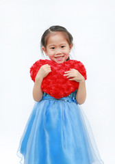 Portrait of a cute little Asian child girl with a red Valentine heart isolated on white background.