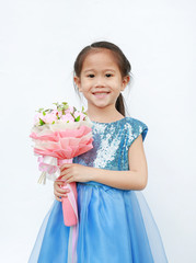 Portrait of a cute little Asian child girl with Bouquet of roses for Valentine festival isolated on white background.