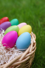 Fototapeta na wymiar Colorful eggs in basket on green springtime grass