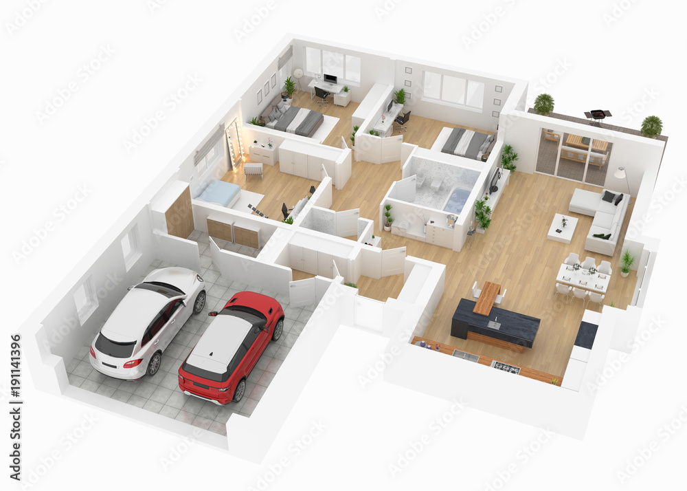 Wall mural Floor plan top view. House interior isolated on white background. 3D render