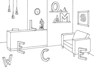 Reception graphic office room black white interior sketch illustration vector