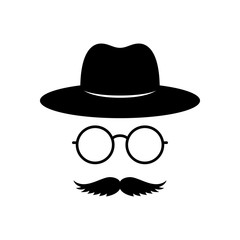 Man face with glasses, mustache and hat. Photo props. Gentleman. Detective. Vector