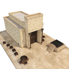 King Solomon's temple Beit HaMikdash in hebrew name with large basin call Brazen Sea and bronze altar on white. 3D illustration